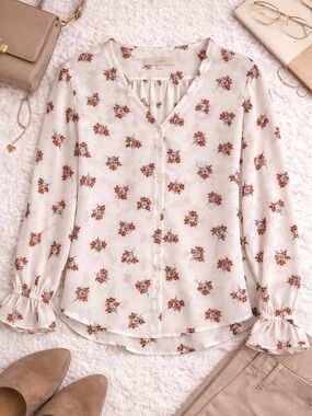LOFT Floral Blouse Small Boho Ruffle Sleeve Fall Top Cream